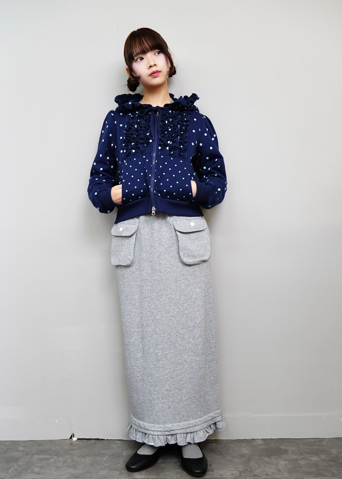 dot frill cotton zip hoodie