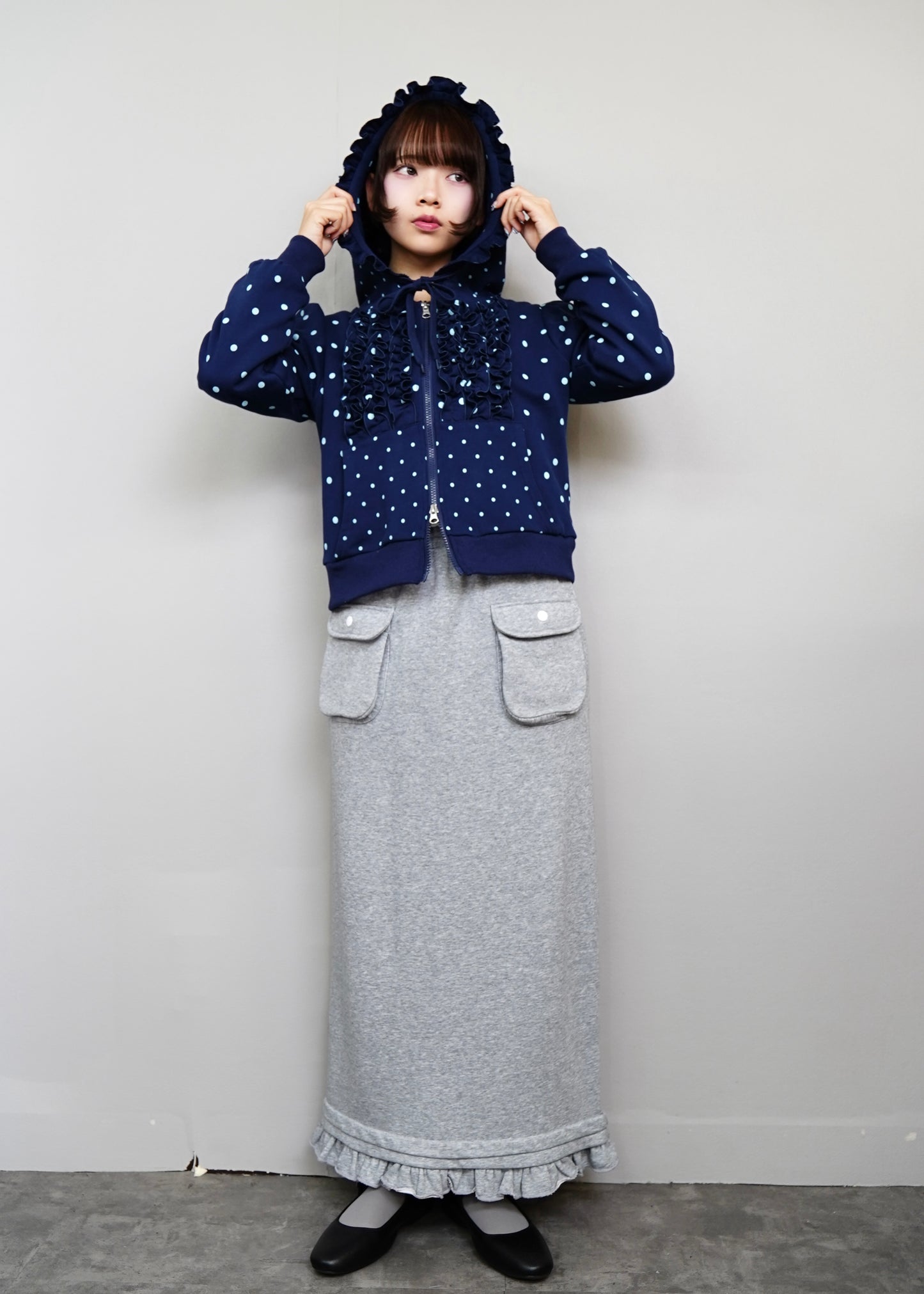 dot frill cotton zip hoodie