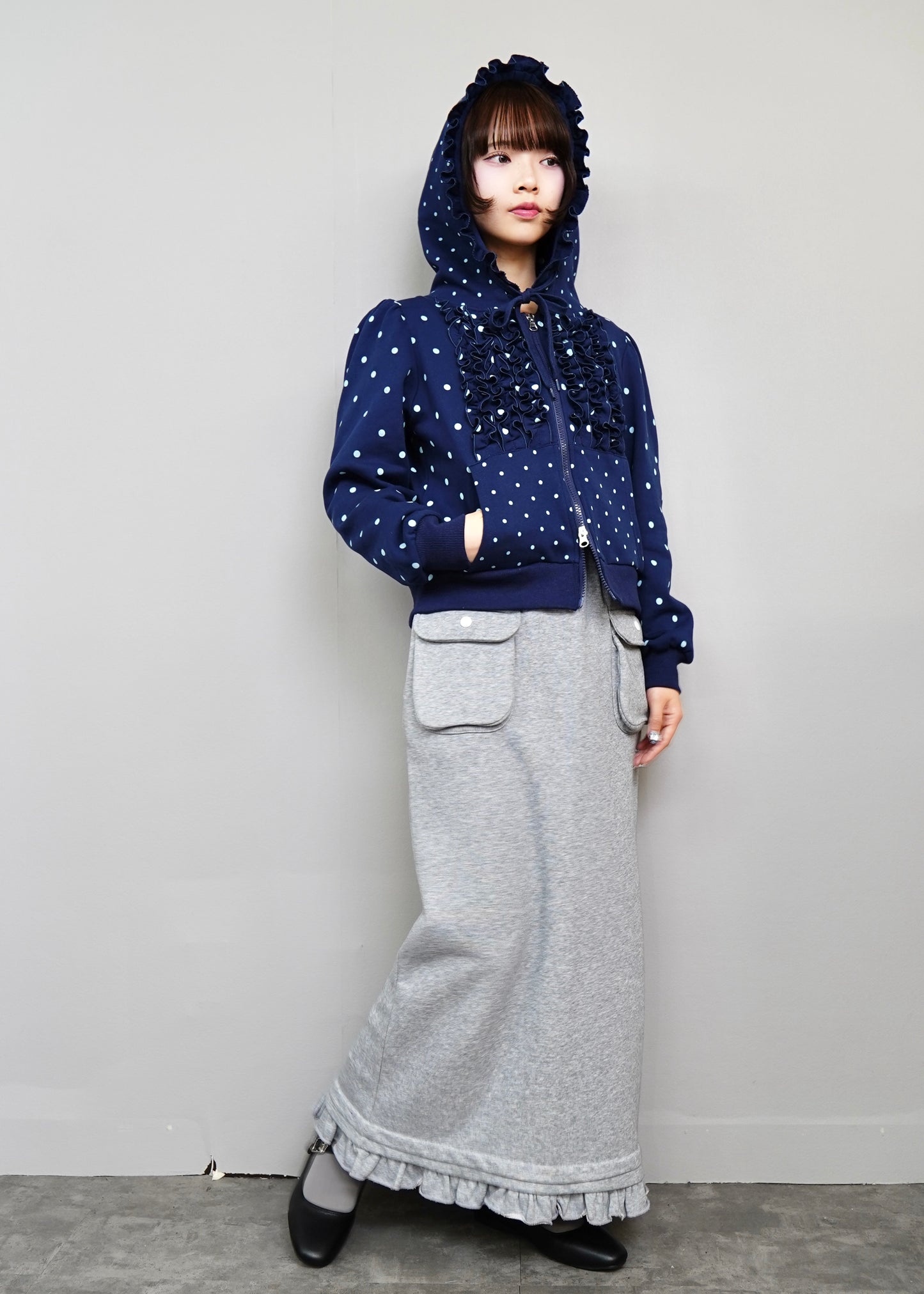 dot frill cotton zip hoodie
