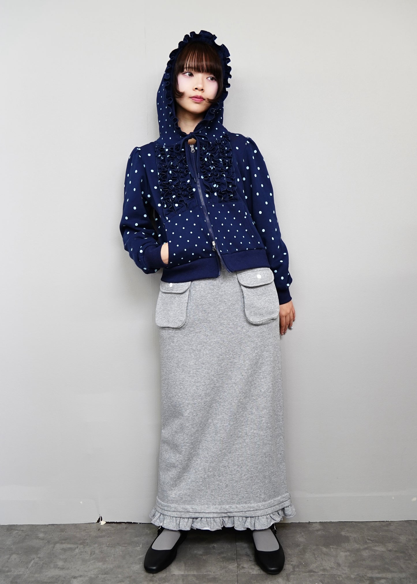 dot frill cotton zip hoodie