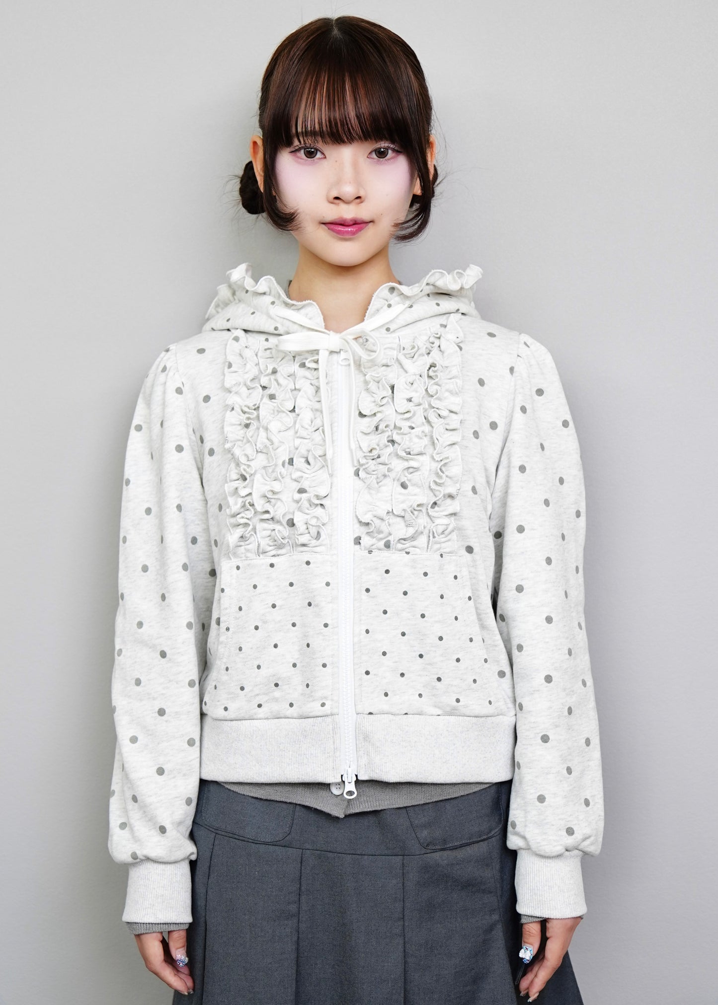 dot frill cotton zip hoodie