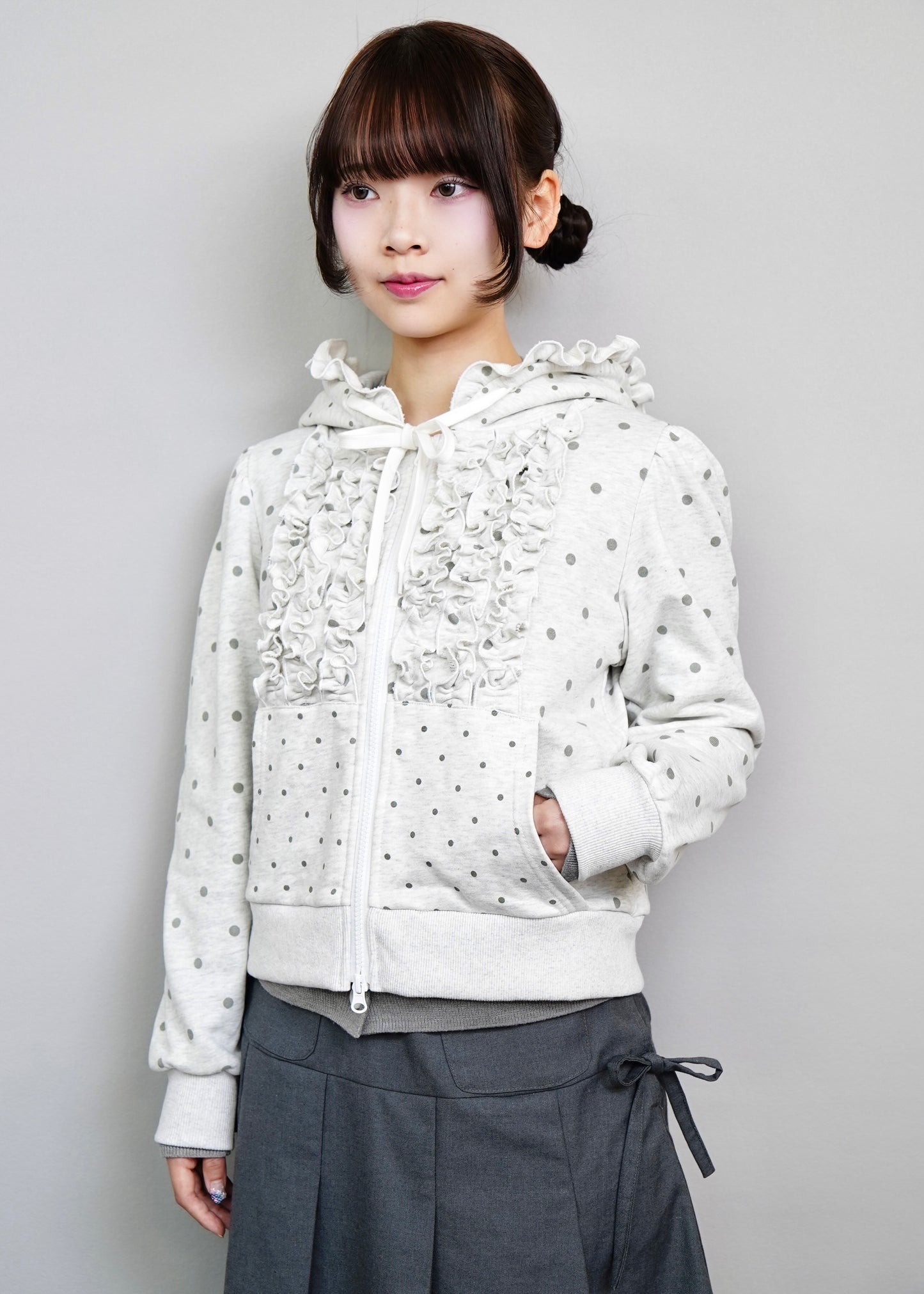 dot frill cotton zip hoodie