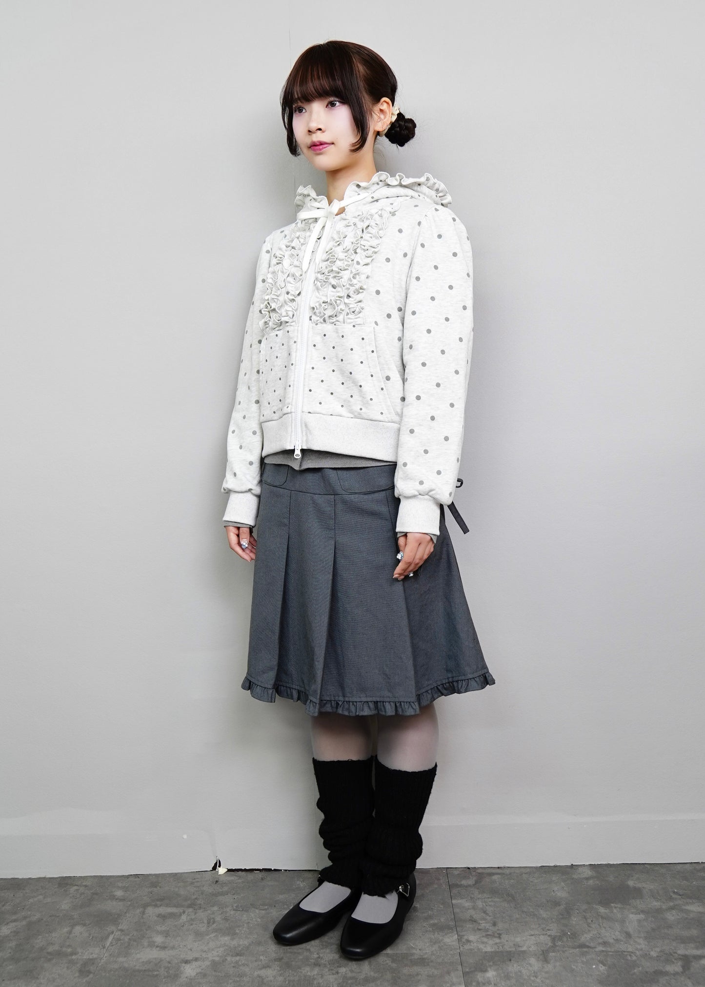 dot frill cotton zip hoodie