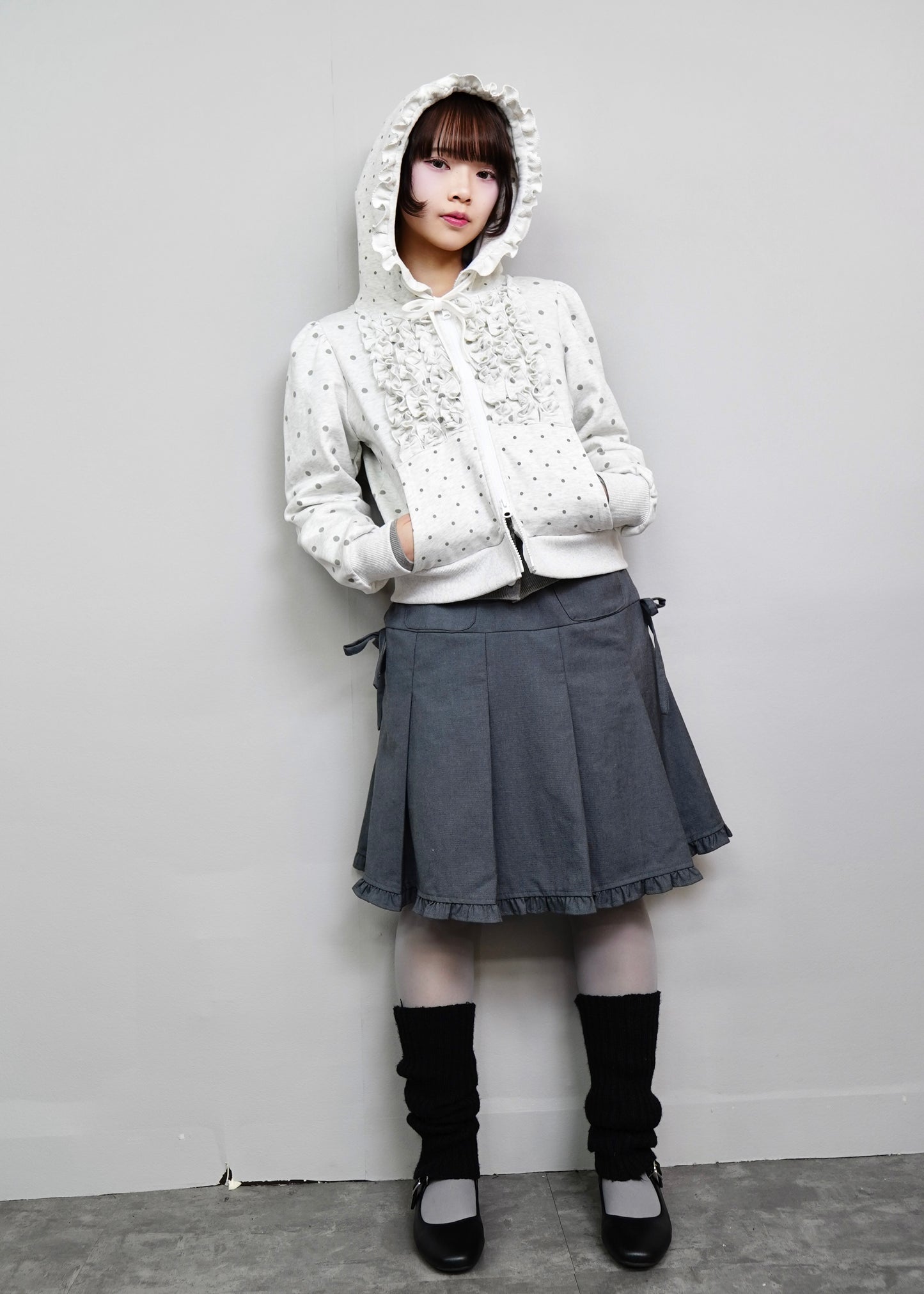 dot frill cotton zip hoodie