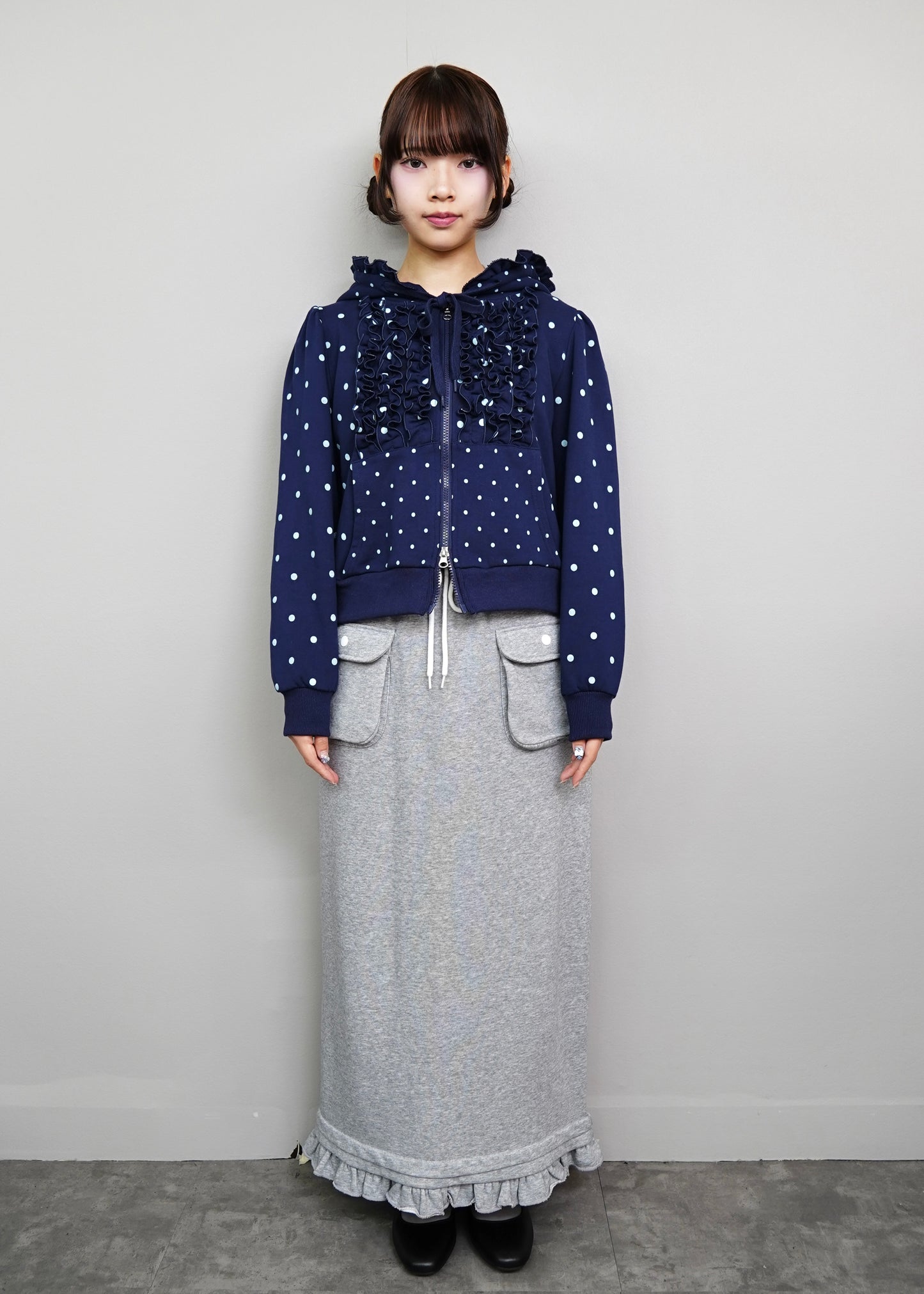 dot frill cotton zip hoodie