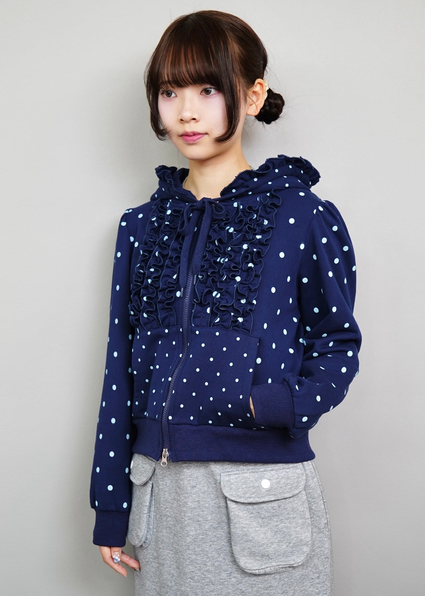 dot frill cotton zip hoodie