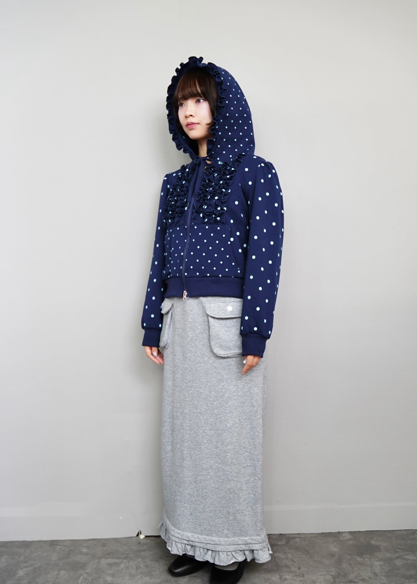 dot frill cotton zip hoodie