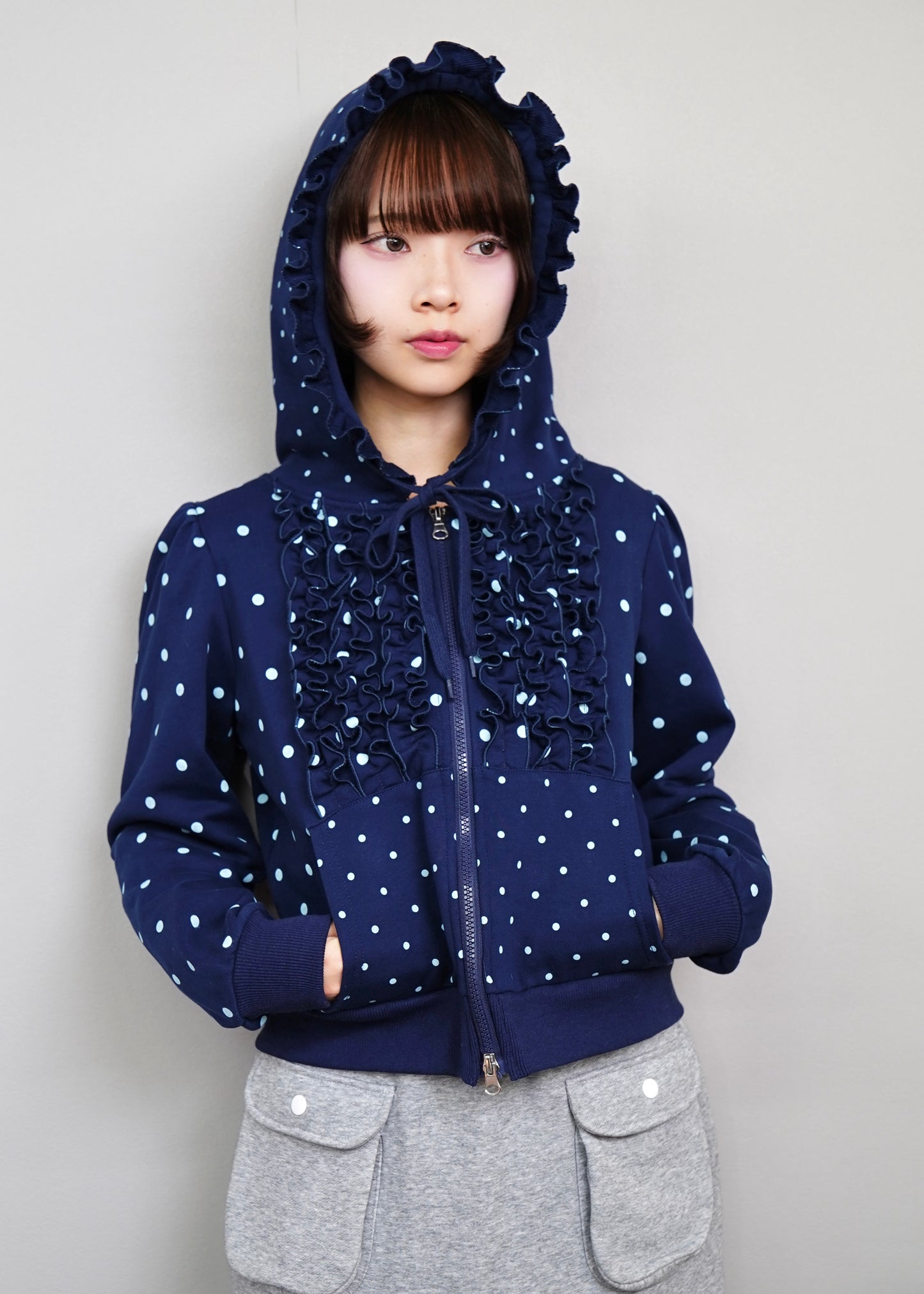 dot frill cotton zip hoodie