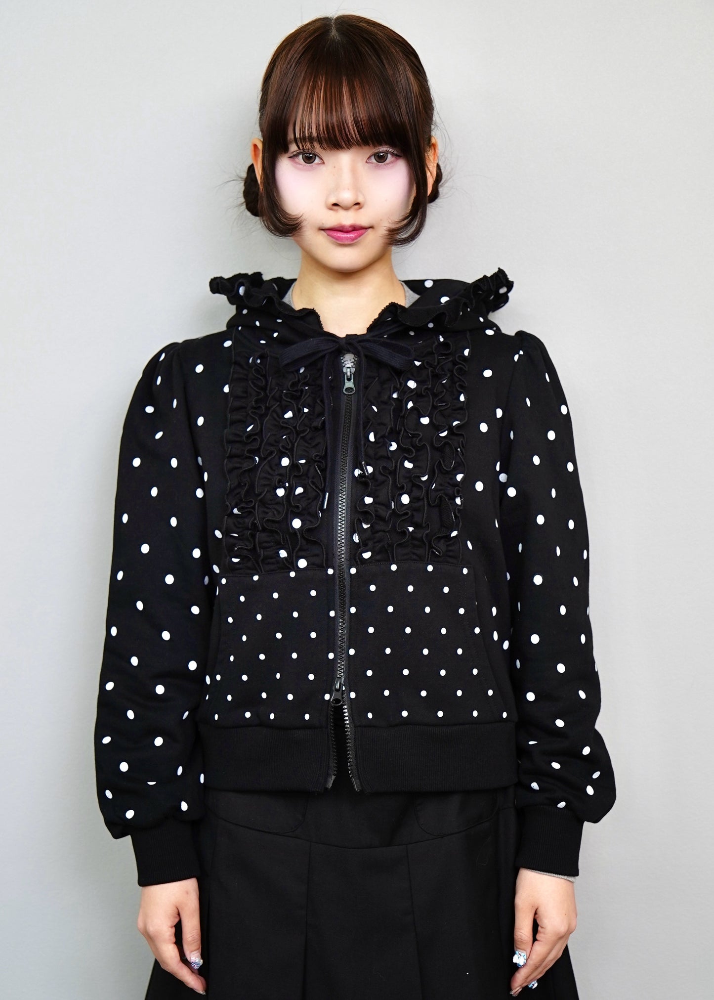 dot frill cotton zip hoodie