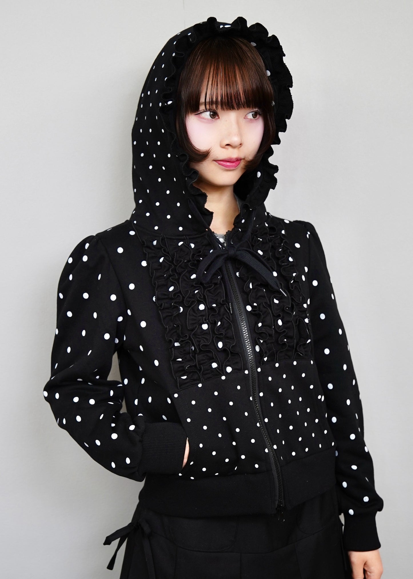 dot frill cotton zip hoodie