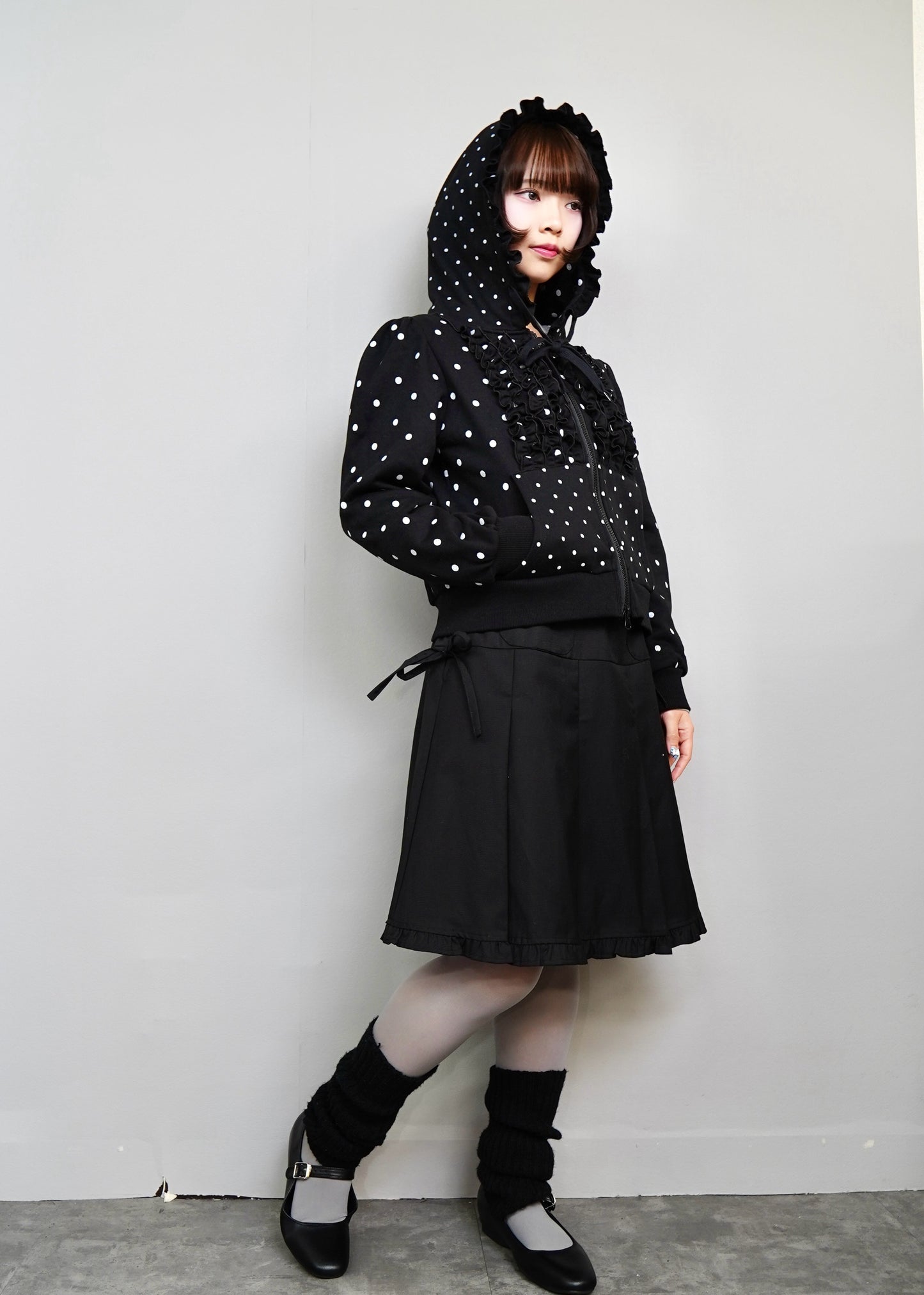 dot frill cotton zip hoodie