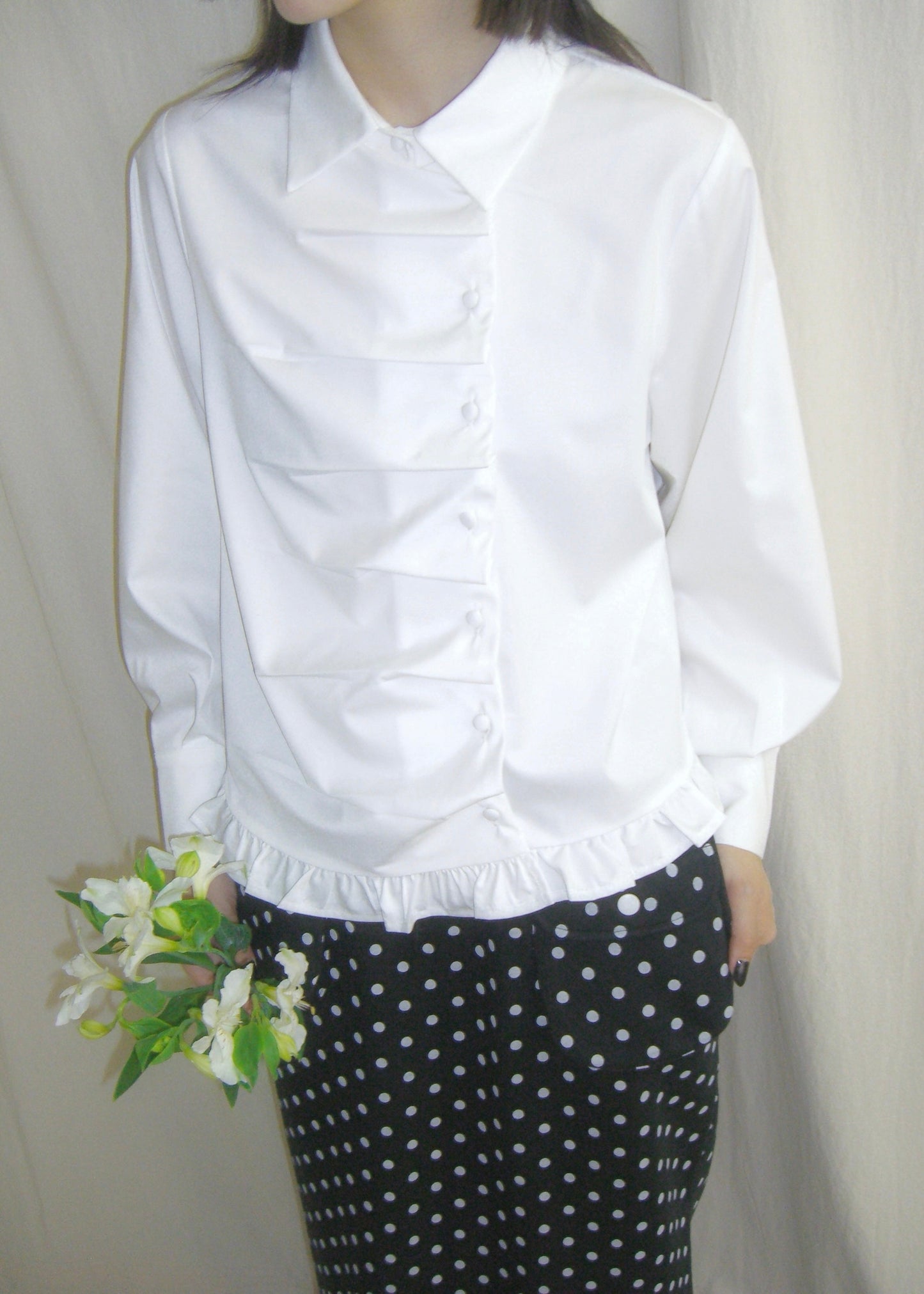 button up frill blouse-WHITE