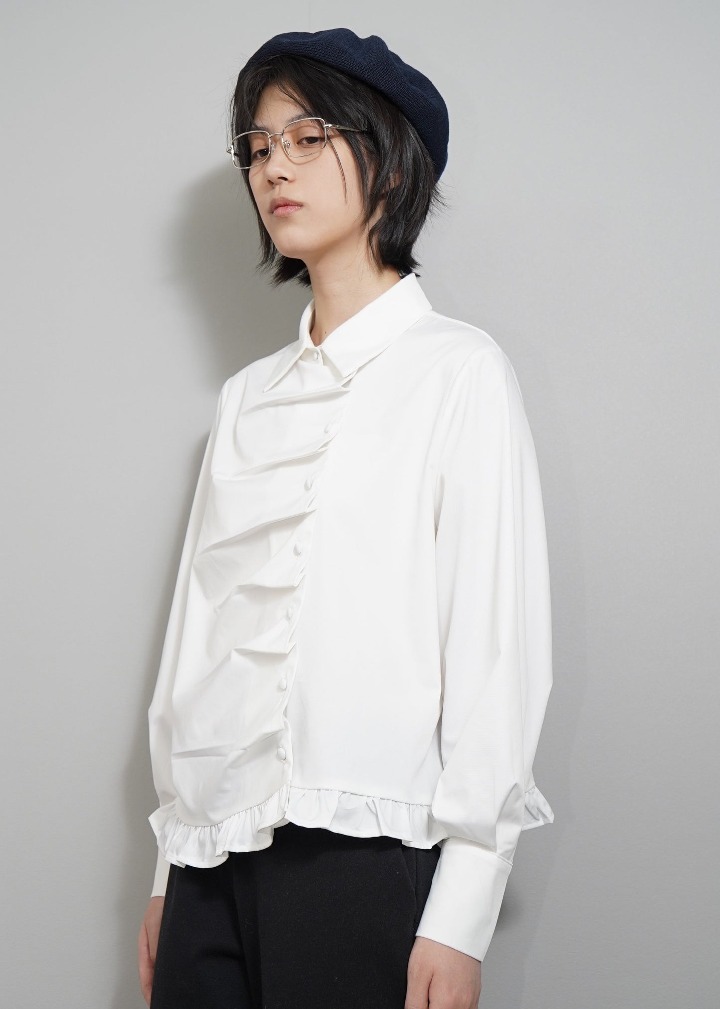 button up frill blouse-WHITE